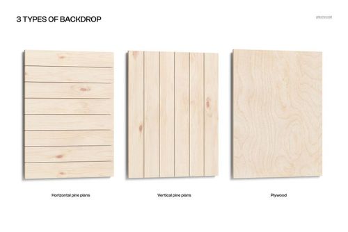 Three wall art mockup panels with light wood textures, showing horizontal planks, vertical planks, and plywood backdrop.
