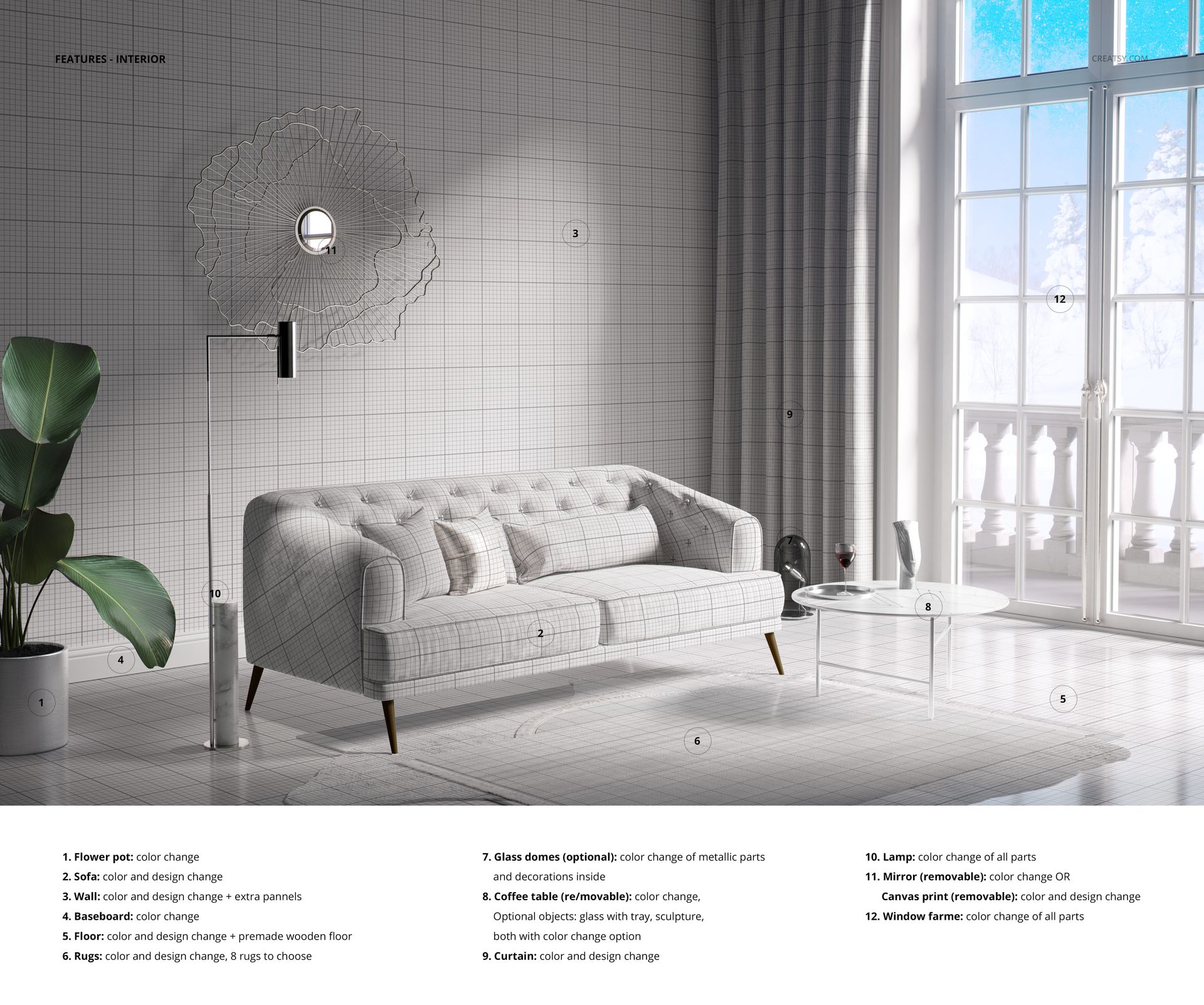 Retro living room mockup featuring a grid-patterned sofa, white rug, round coffee table, and large window with sheer curtains.