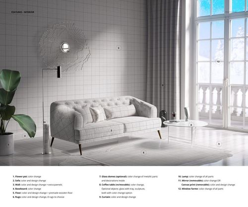 Retro living room mockup featuring a grid-patterned sofa, white rug, round coffee table, and large window with sheer curtains.