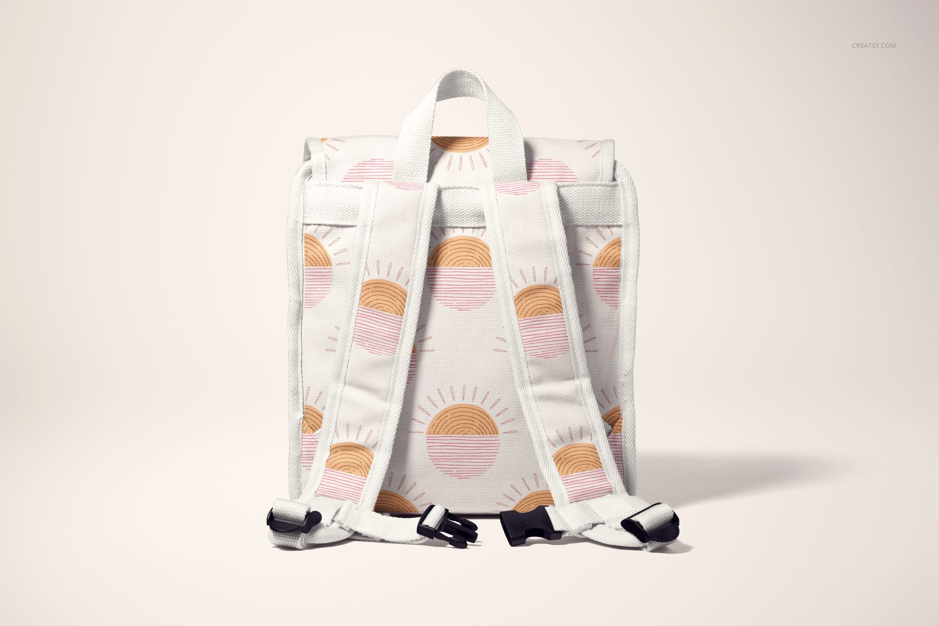 Kids backpack mockup with white fabric and pastel sun pattern, shown from the back with visible straps and buckles.