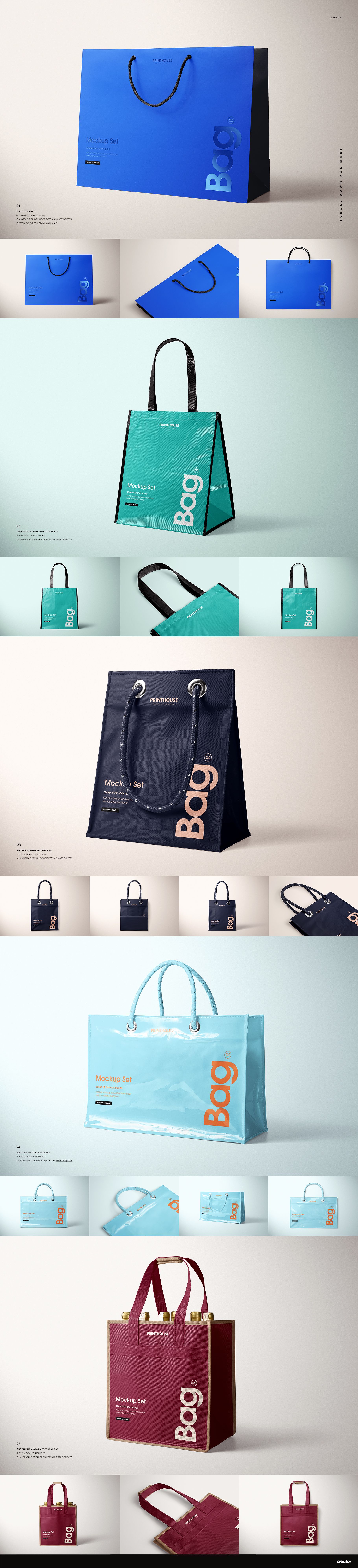 Collection of PSD mockup shopping bags in different colors and perspectives, arranged on clean studio surfaces.