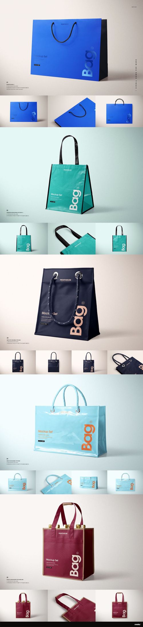Collection of PSD mockup shopping bags in different colors and perspectives, arranged on clean studio surfaces.