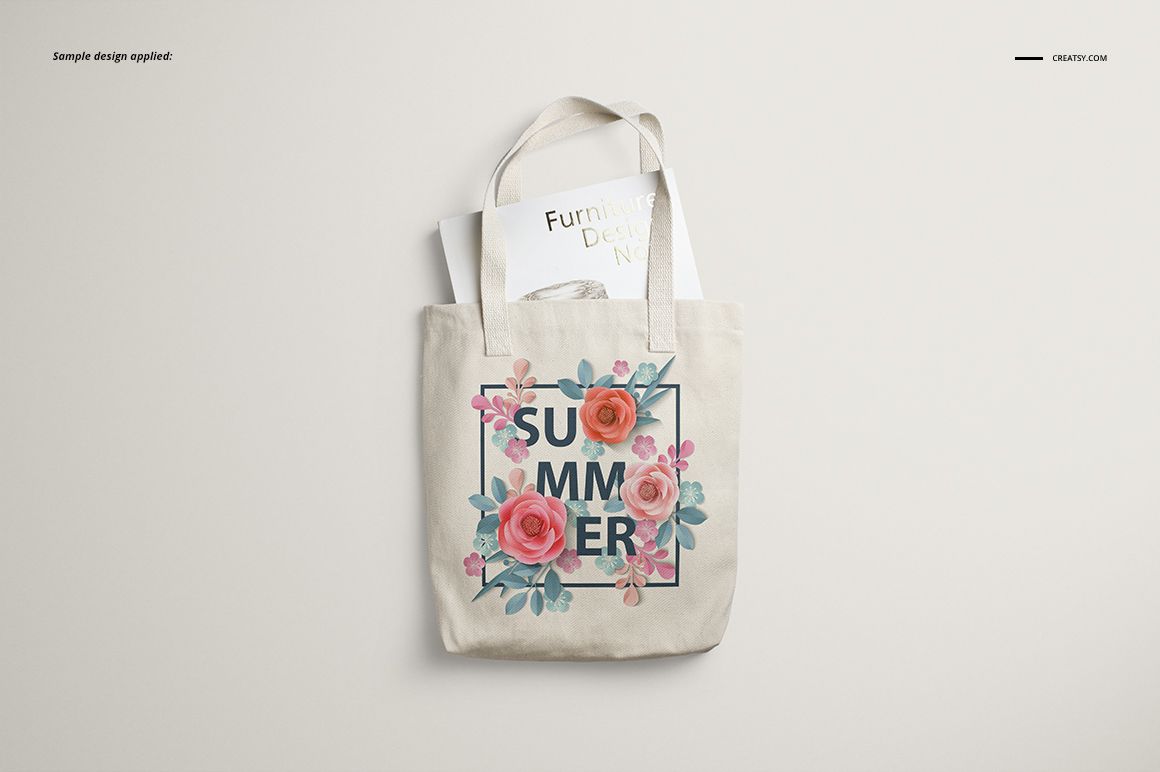 Polyester tote bag with floral design and the word 'SUMMER', front view on light background, mockup style.