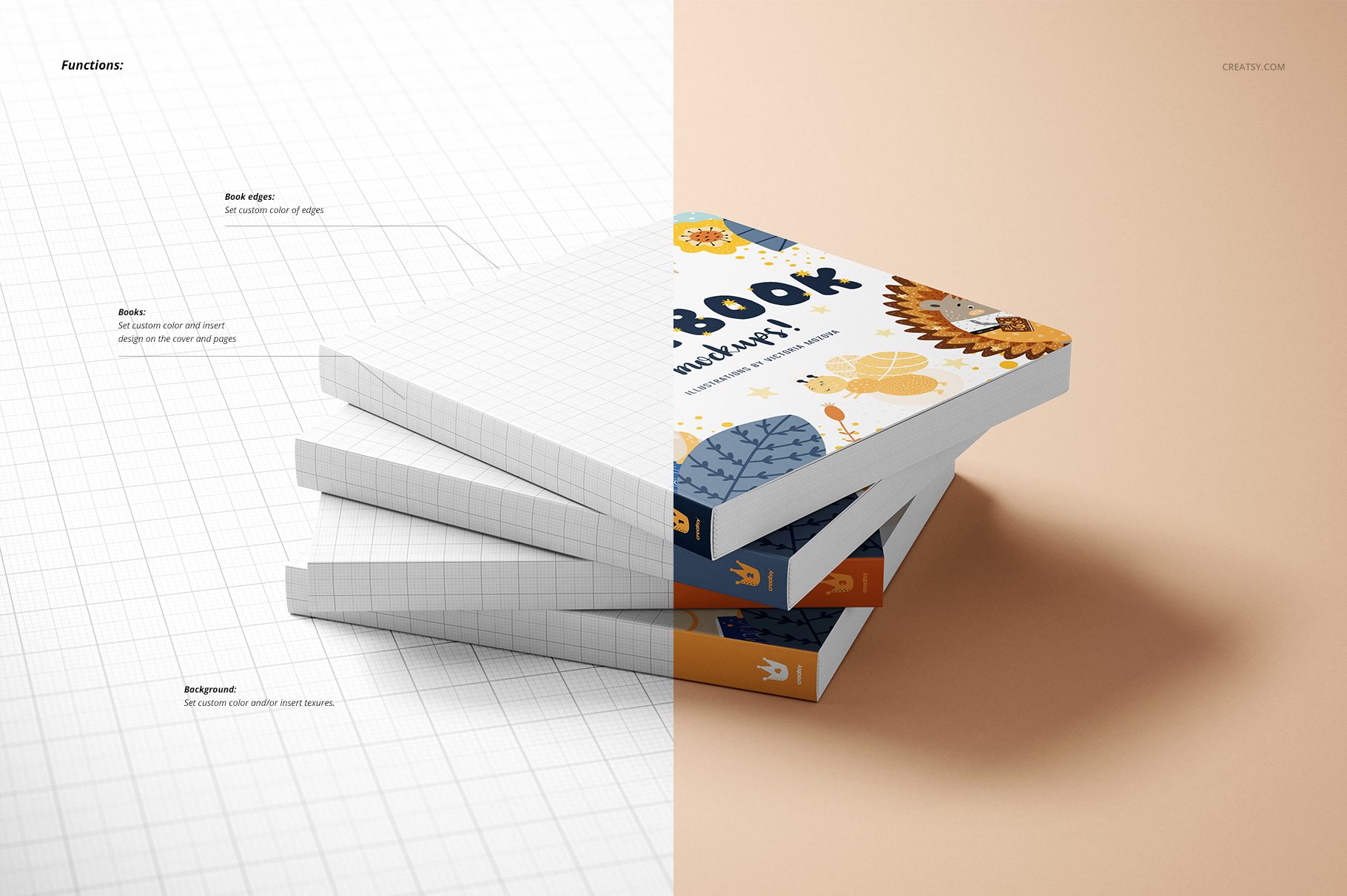 Stack of square cardboard baby books with illustrated covers, shown in a layered PSD mockup on a beige surface.