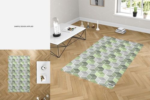 Room scene featuring a patterned carpet mockup on herringbone wood floor, next to a white table and wall art.