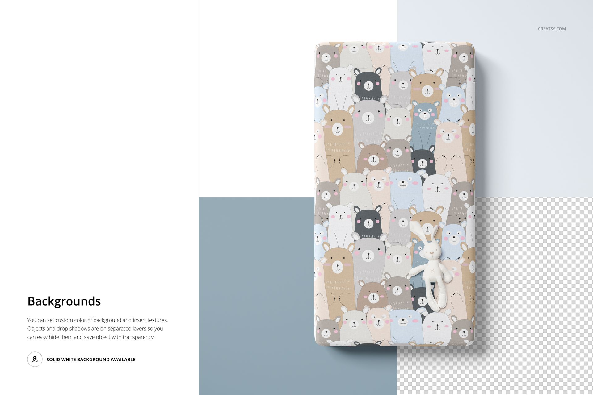 Top view of a crib sheet mockup featuring a multicolored bear design and a small plush toy on the sheet.