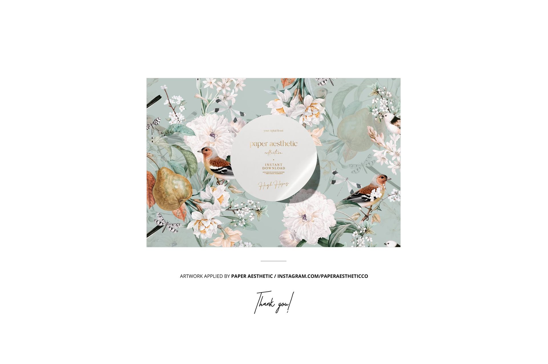 Fabric roll mockup featuring a floral and bird pattern on a light blue background, shown from a front view.