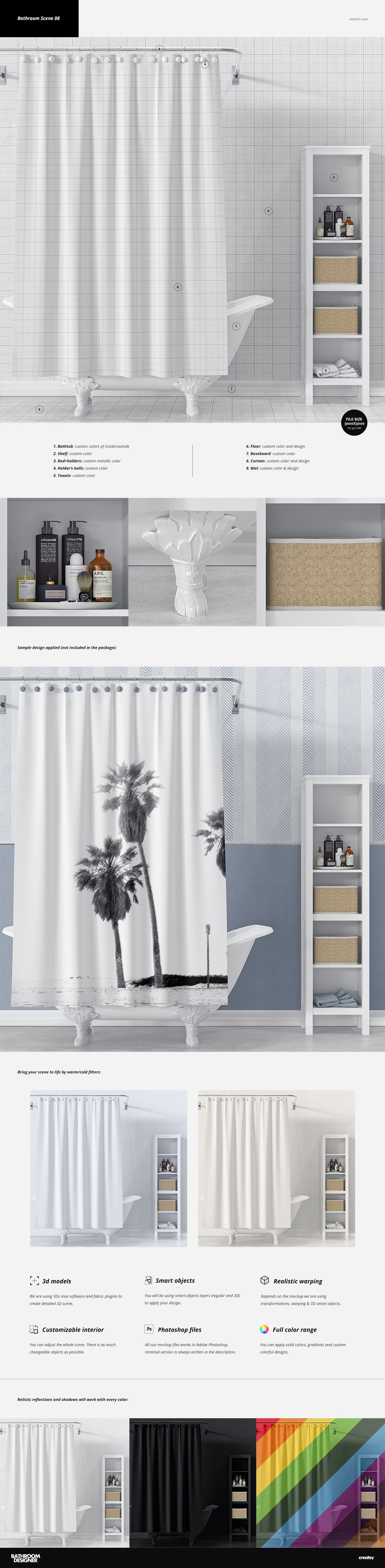 Bathroom mockup featuring a white shower curtain, bathtub, and shelving unit with toiletries against tiled walls.