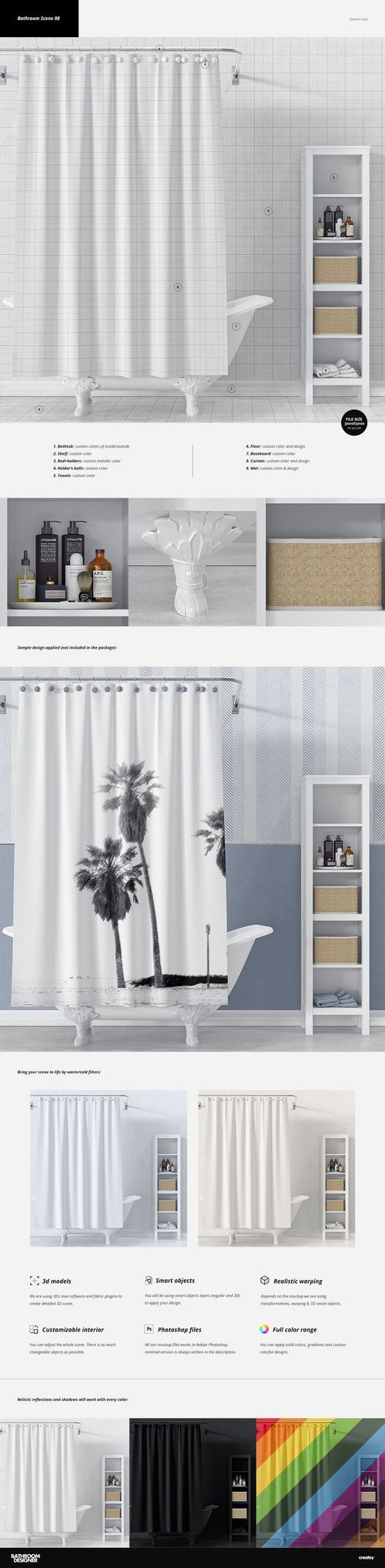 Bathroom mockup featuring a white shower curtain, bathtub, and shelving unit with toiletries against tiled walls.