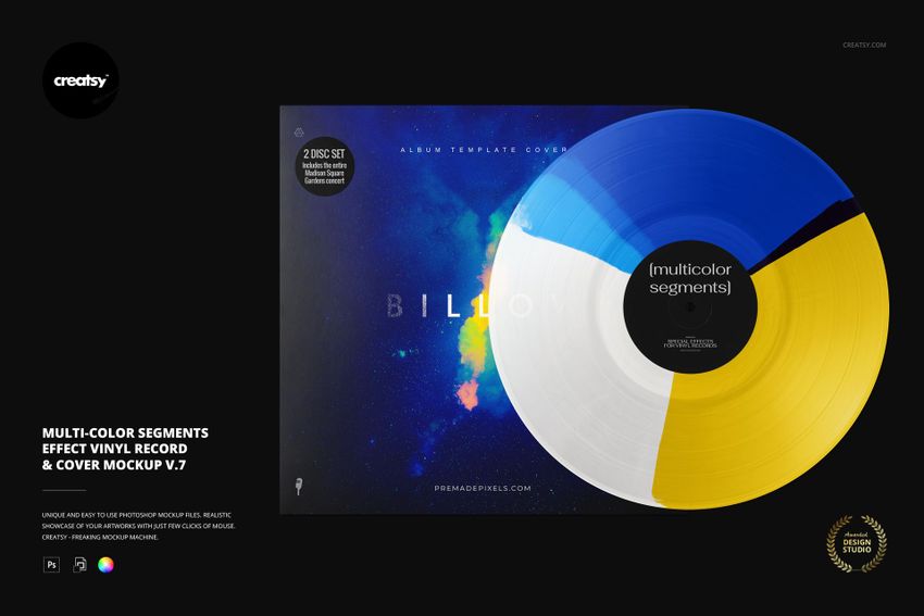 Front view of a vinyl record with blue, white, and yellow segments placed on a colorful galaxy-themed cover mockup.