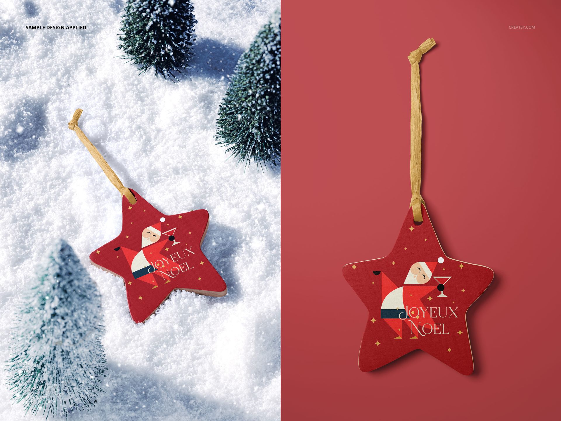 Christmas star ornament mockup featuring a wooden decoration with festive Santa artwork, displayed in two settings.