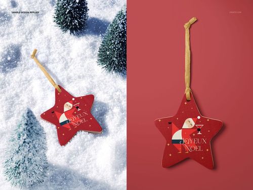 Christmas star ornament mockup featuring a wooden decoration with festive Santa artwork, displayed in two settings.
