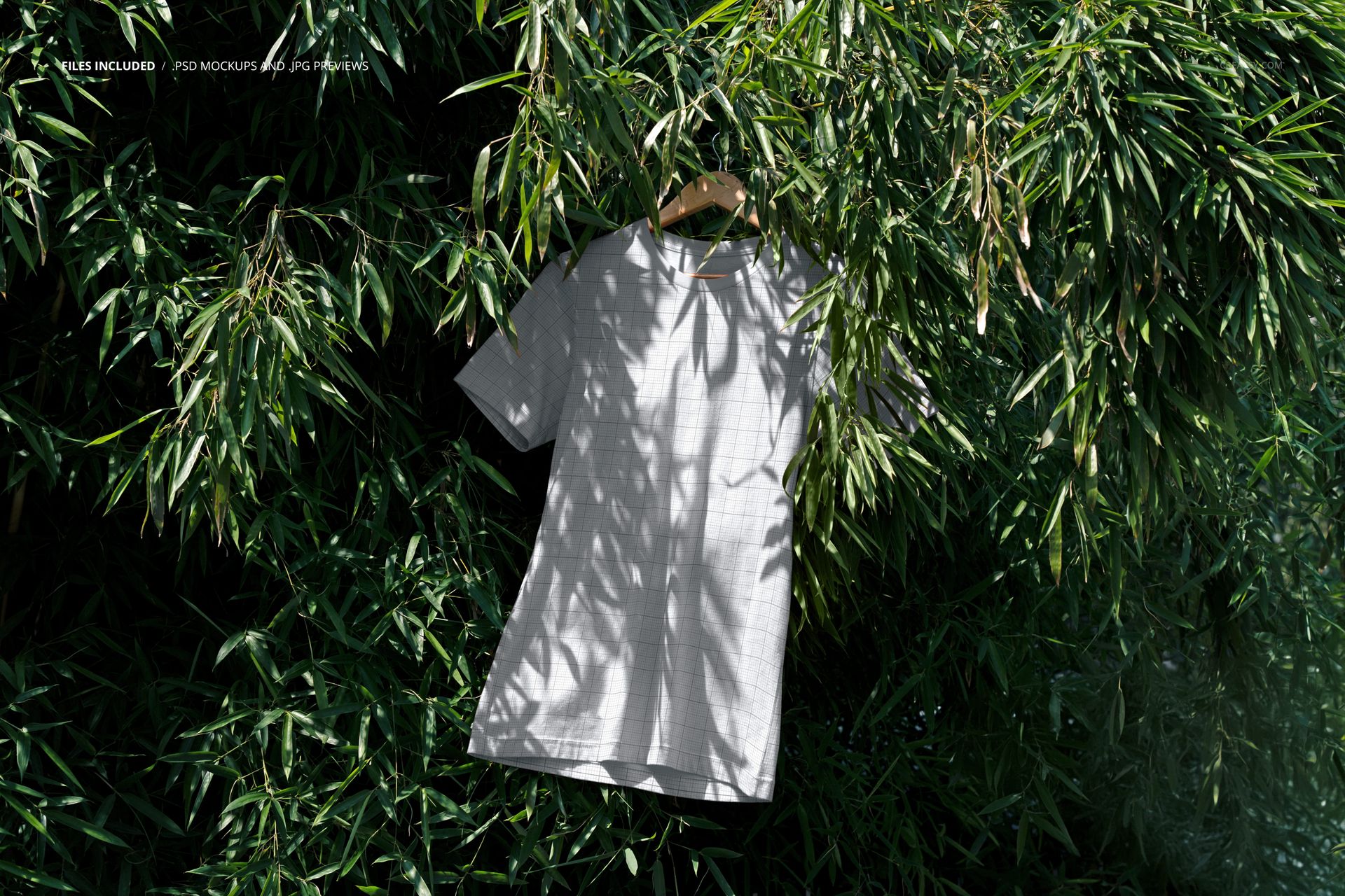 Adult t-shirt mockup hanging on a wooden hanger among dense green ficus tree leaves in natural sunlight.