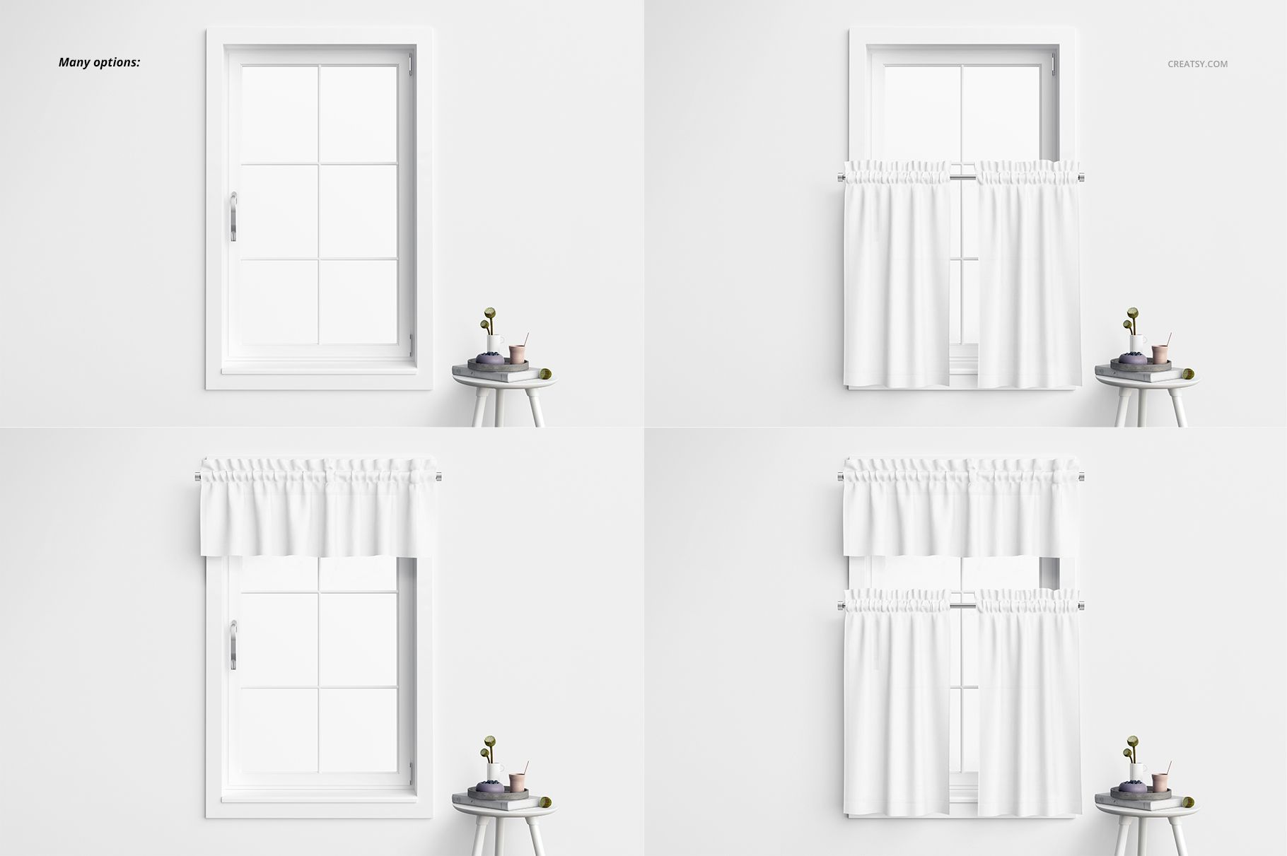 Front view of a window with white valance and cafe curtains mockup, shown in four different arrangements on a plain wall.