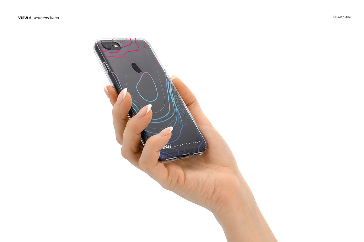 Clear iPhone 7 case mockup featuring abstract blue and pink lines, displayed in a woman's hand against a white backdrop.