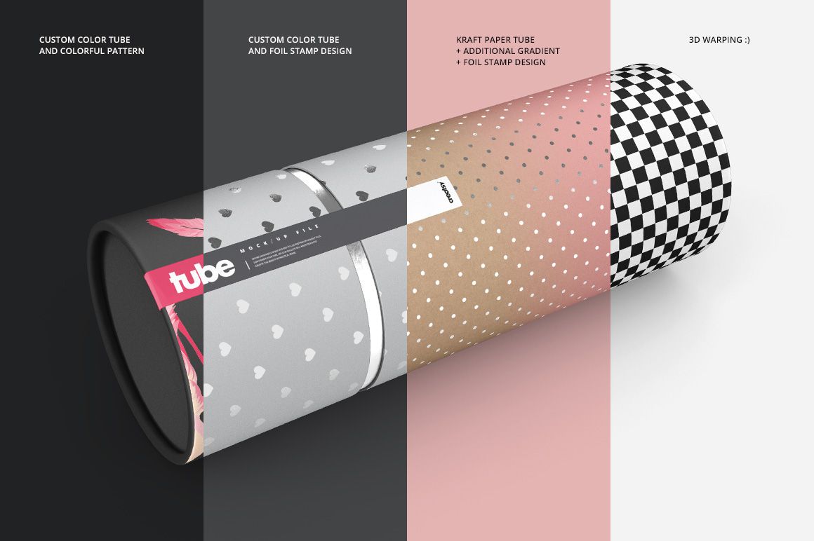 Paper tube mockup featuring four design variations, including solid black, silver hearts, pink gradient, and black-and-white checkered pattern.