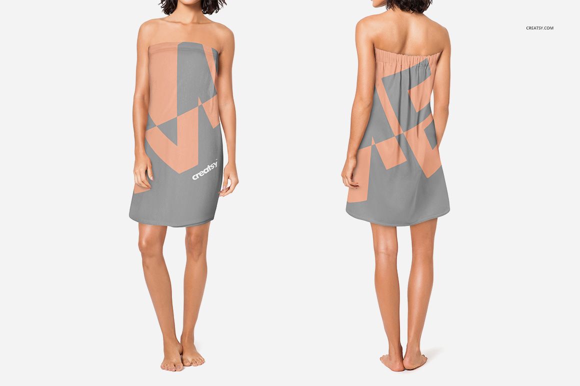 Front and back view of a spa wrap mockup featuring geometric peach and gray shapes on a white background.