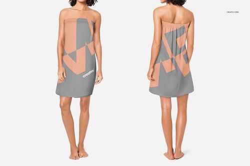 Front and back view of a spa wrap mockup featuring geometric peach and gray shapes on a white background.
