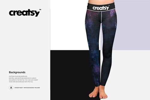 Front view of adult leggings mockup featuring a galaxy pattern in dark blue and purple tones on a white background.