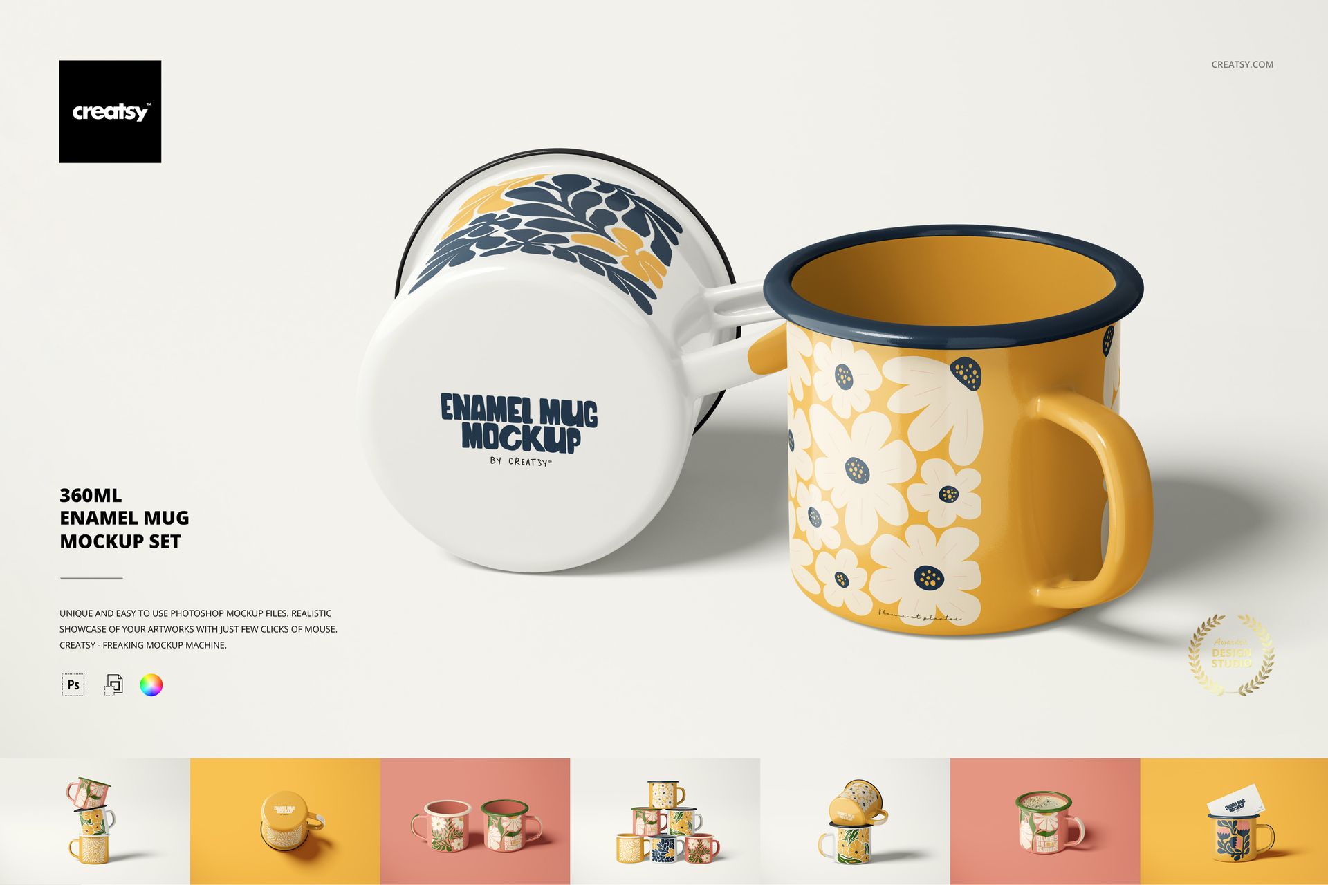 360ml enamel mug PSD mockup set featuring yellow mugs with flower designs, shown from side and bottom perspectives.
