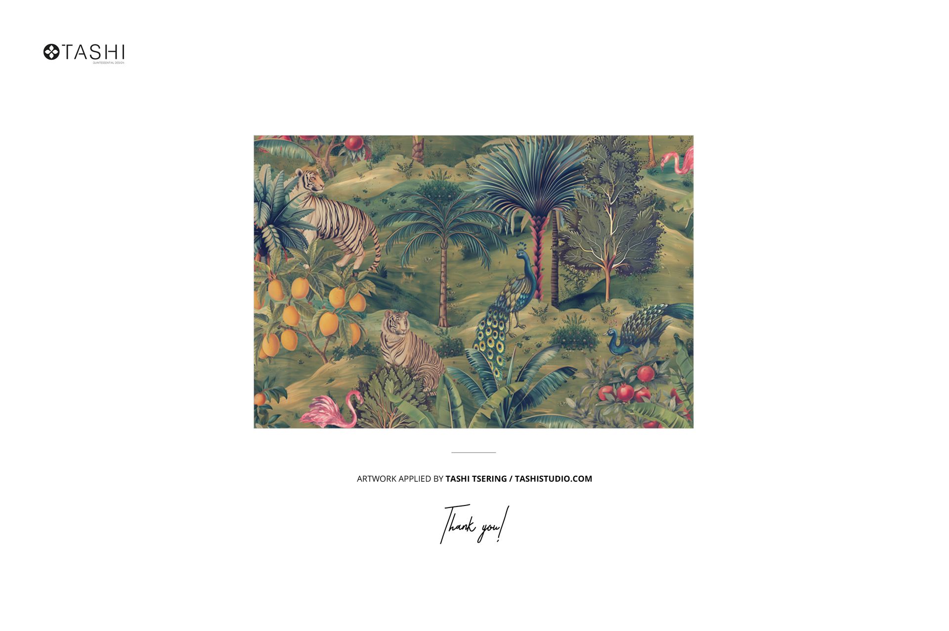 Rectangular wallpaper mockup with a Victorian jungle pattern featuring tigers, peacocks, palm trees, and vibrant foliage.