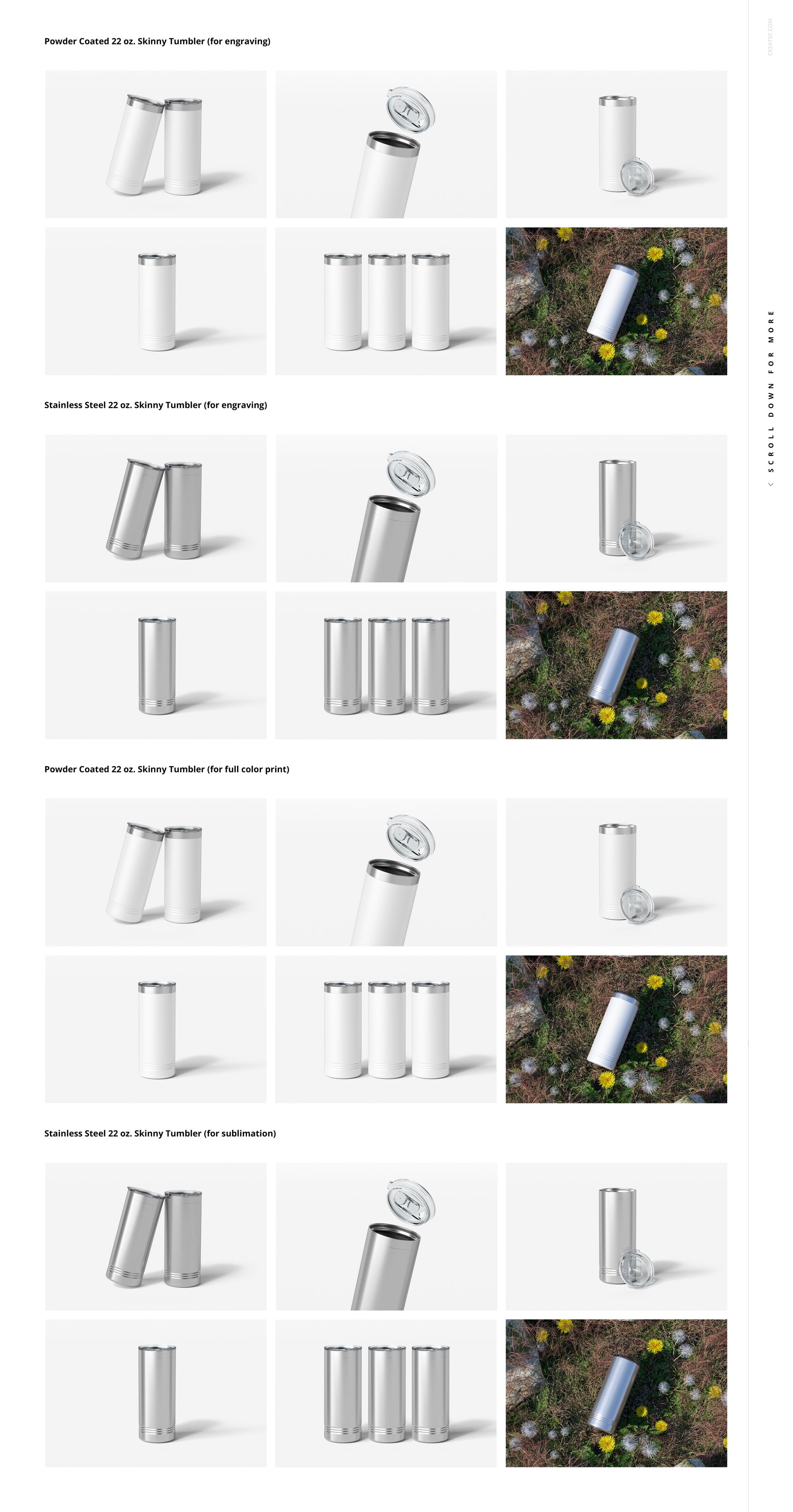 Multiple 22oz skinny tumblers displayed in various arrangements, featuring plain white surfaces and outdoor backgrounds.