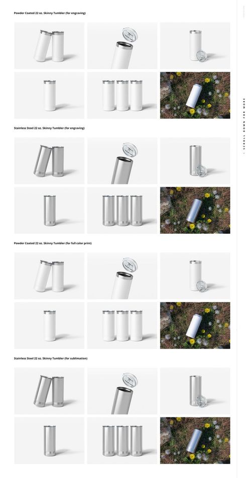 Multiple 22oz skinny tumblers displayed in various arrangements, featuring plain white surfaces and outdoor backgrounds.