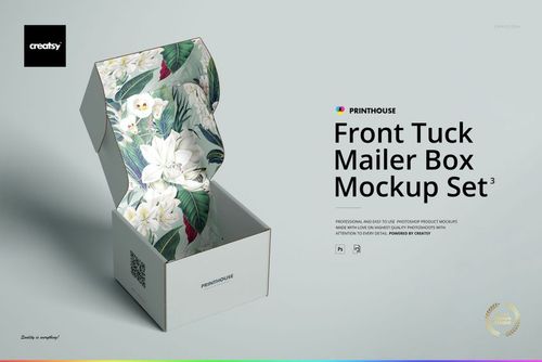 Front view of an open mailer box mockup with a floral pattern inside, placed on a light gray surface.
