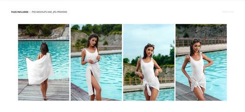 White silk sarong pareo mockup displayed on a woman near a swimming pool with scenic outdoor background.