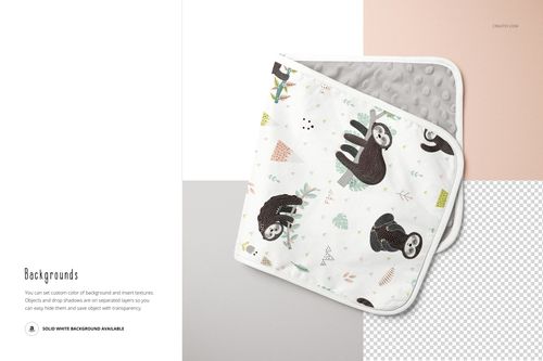 Kids minky burp cloth mockup featuring a square cloth with sloth and leaf pattern, shown from a top view on a multi-colored background.