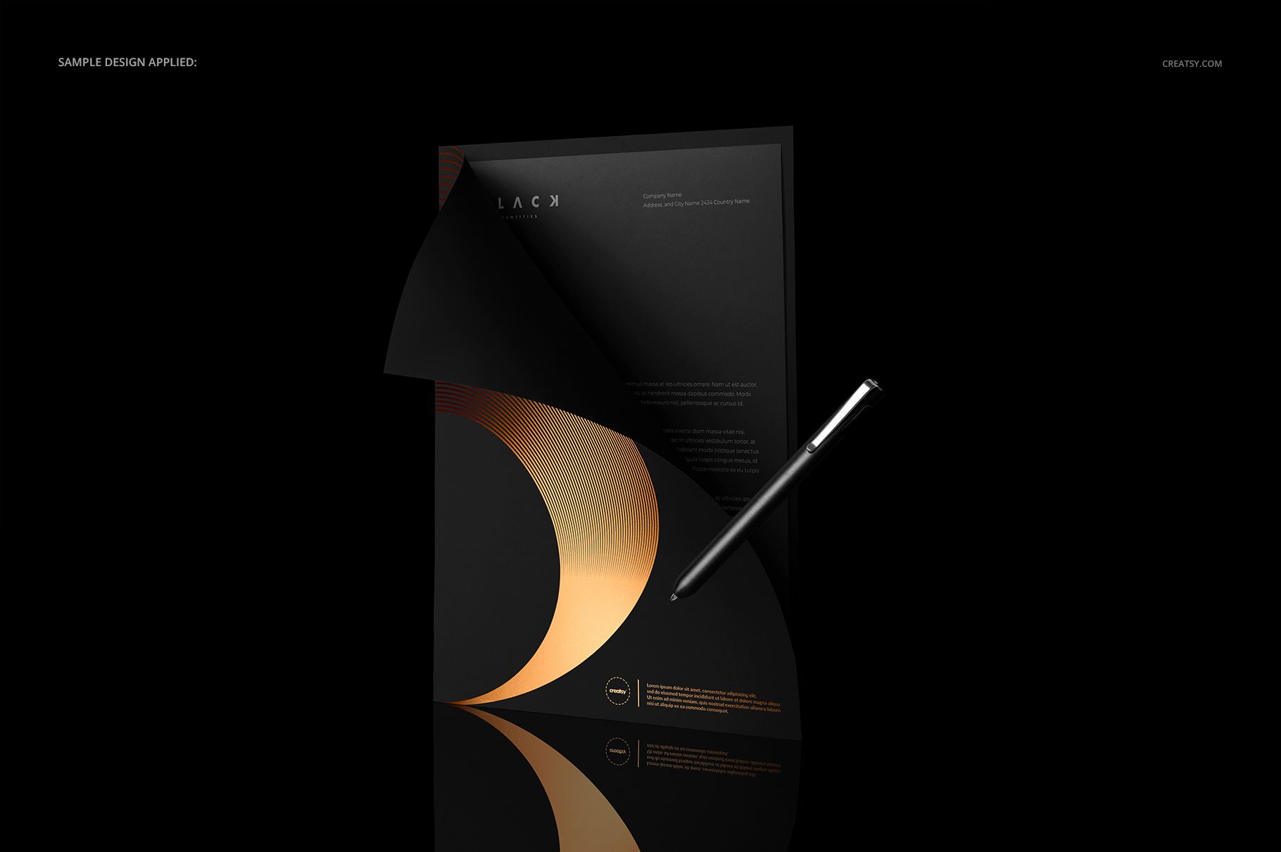 Stationery folder mockup set with black and gold geometric design, front view on a dark background, pen included.