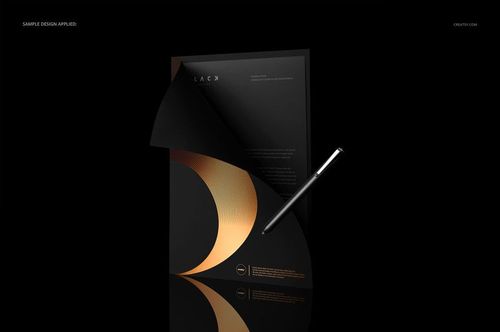 Stationery folder mockup set with black and gold geometric design, front view on a dark background, pen included.