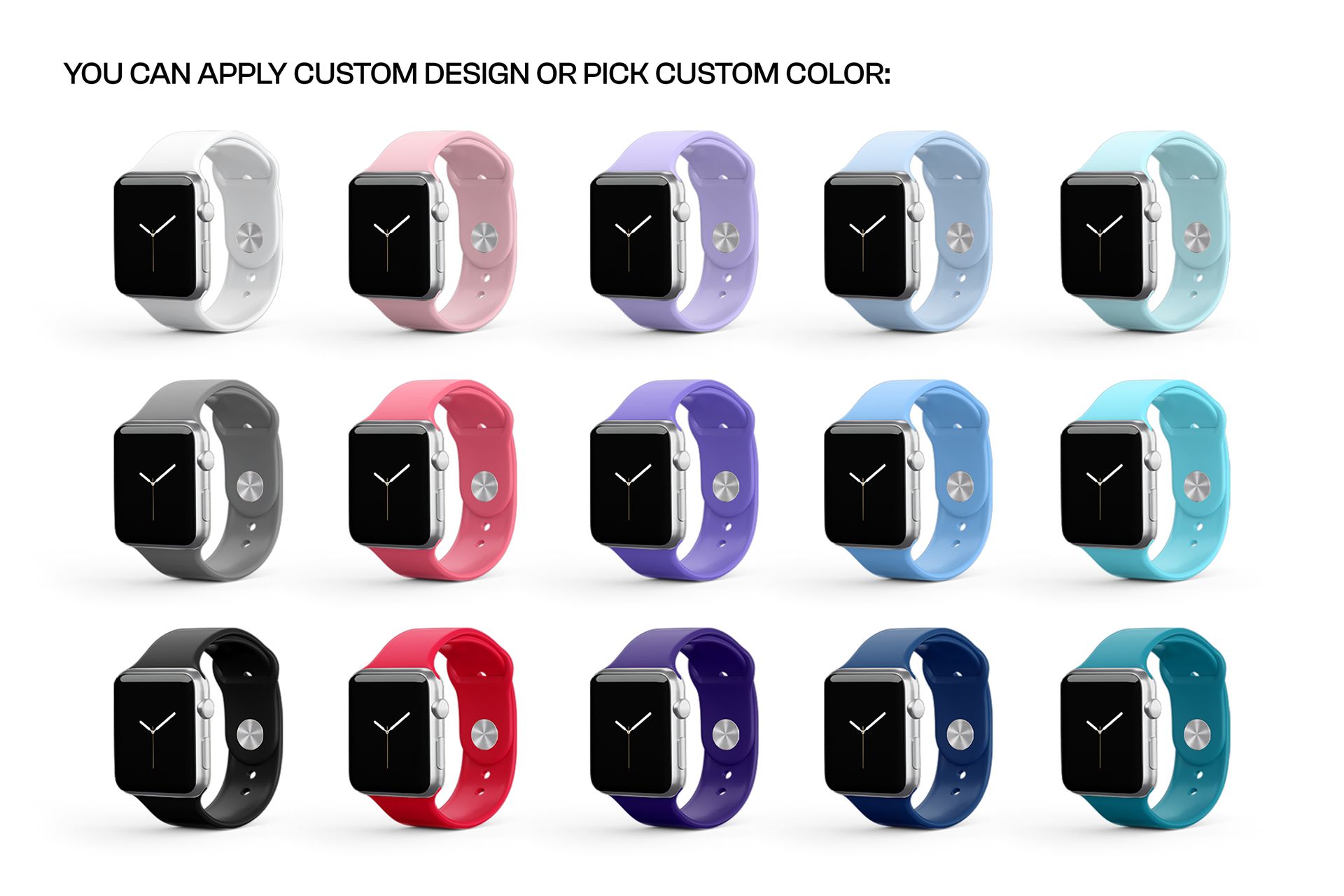 PSD mockup featuring Apple Watch leather bands in assorted colors, all presented in a front-facing perspective.