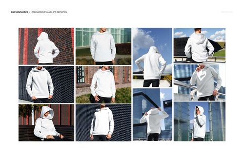 PSD mockup set featuring a plain white oversized hoodie with a large hood, displayed outdoors in multiple poses.