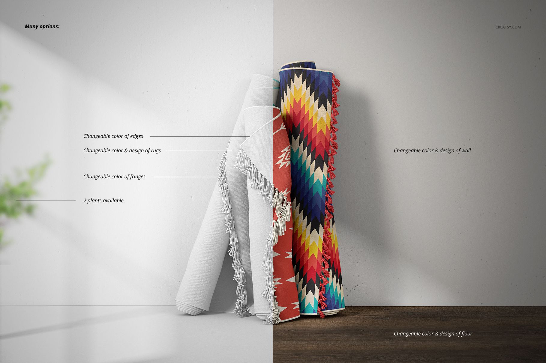 Fringed rugs mockup showing customizable rug colors and patterns, set against a plain wall and wood surface.