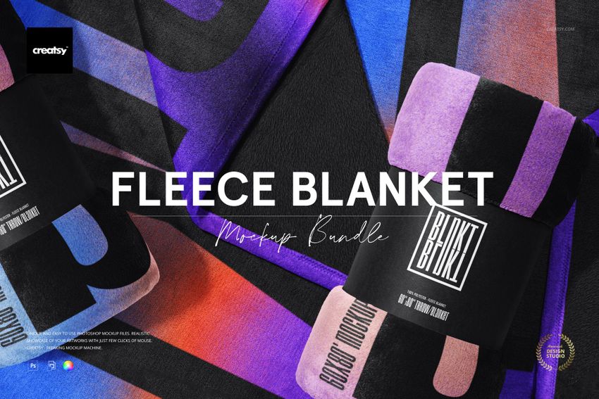Rolled and flat fleece blankets with bold gradient patterns in purple, pink, and orange, front view mockup scene.