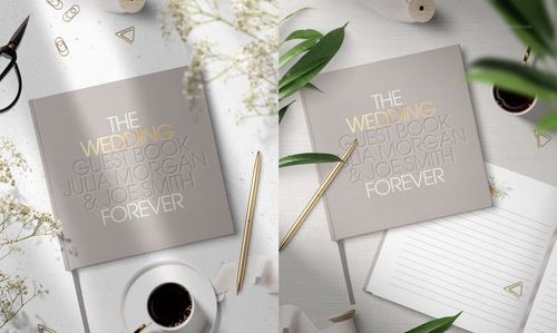 Wedding guest book mockup displayed from above, featuring a beige cover, open pages, pen, and decorative props.