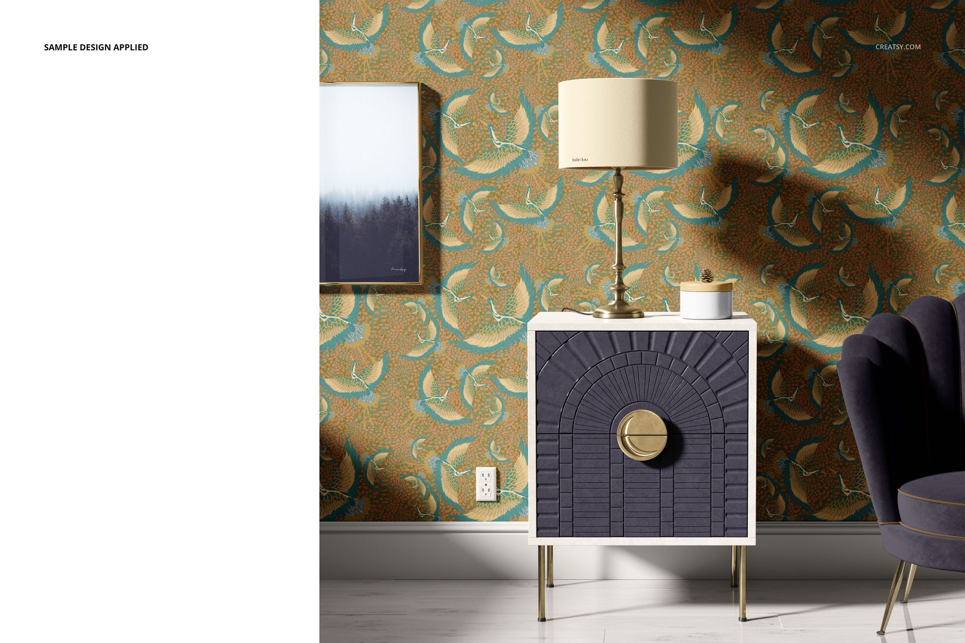 Drum lamp shade mockup featuring a soft beige fabric, gold base, and decorative wallpaper in a modern living room scene.
