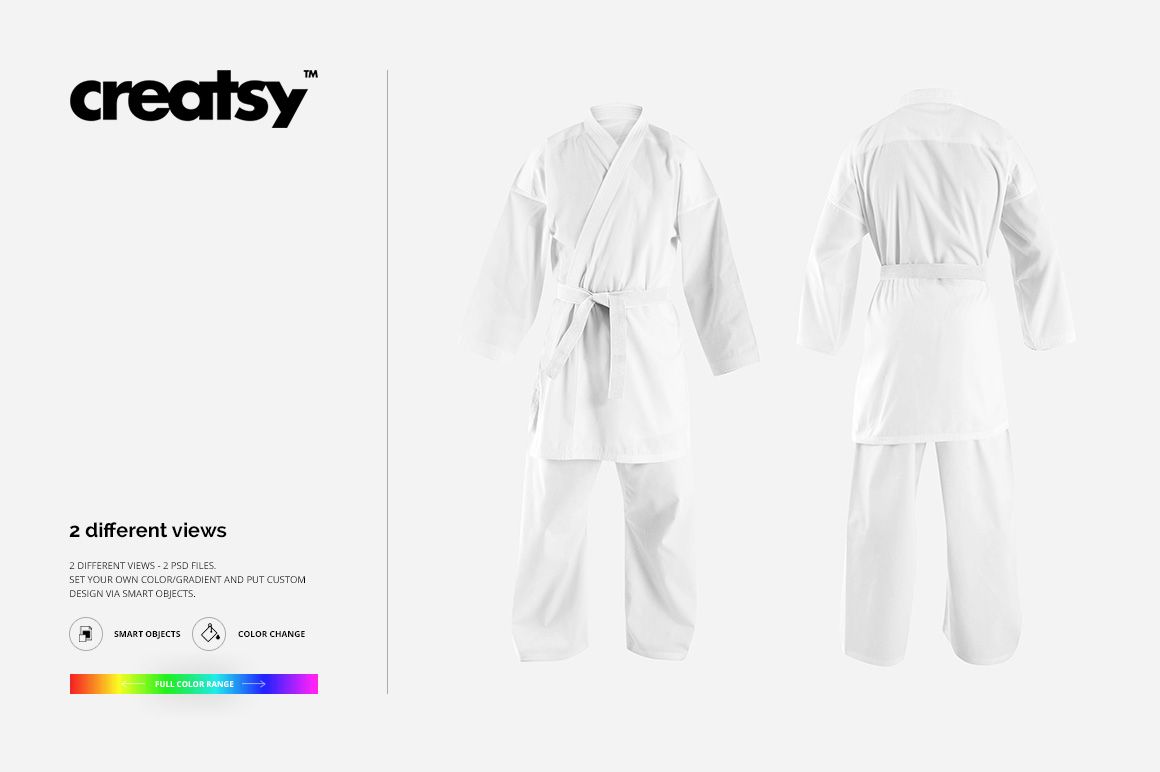 Karate kimono mockup set showing front and back views of a white martial arts uniform on a plain background.