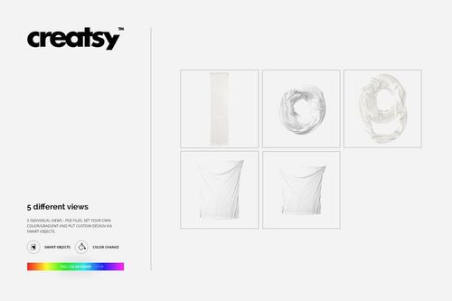 Infinity scarf mockup set showing five different views, including flat, rolled, and draped white scarf on a plain background.