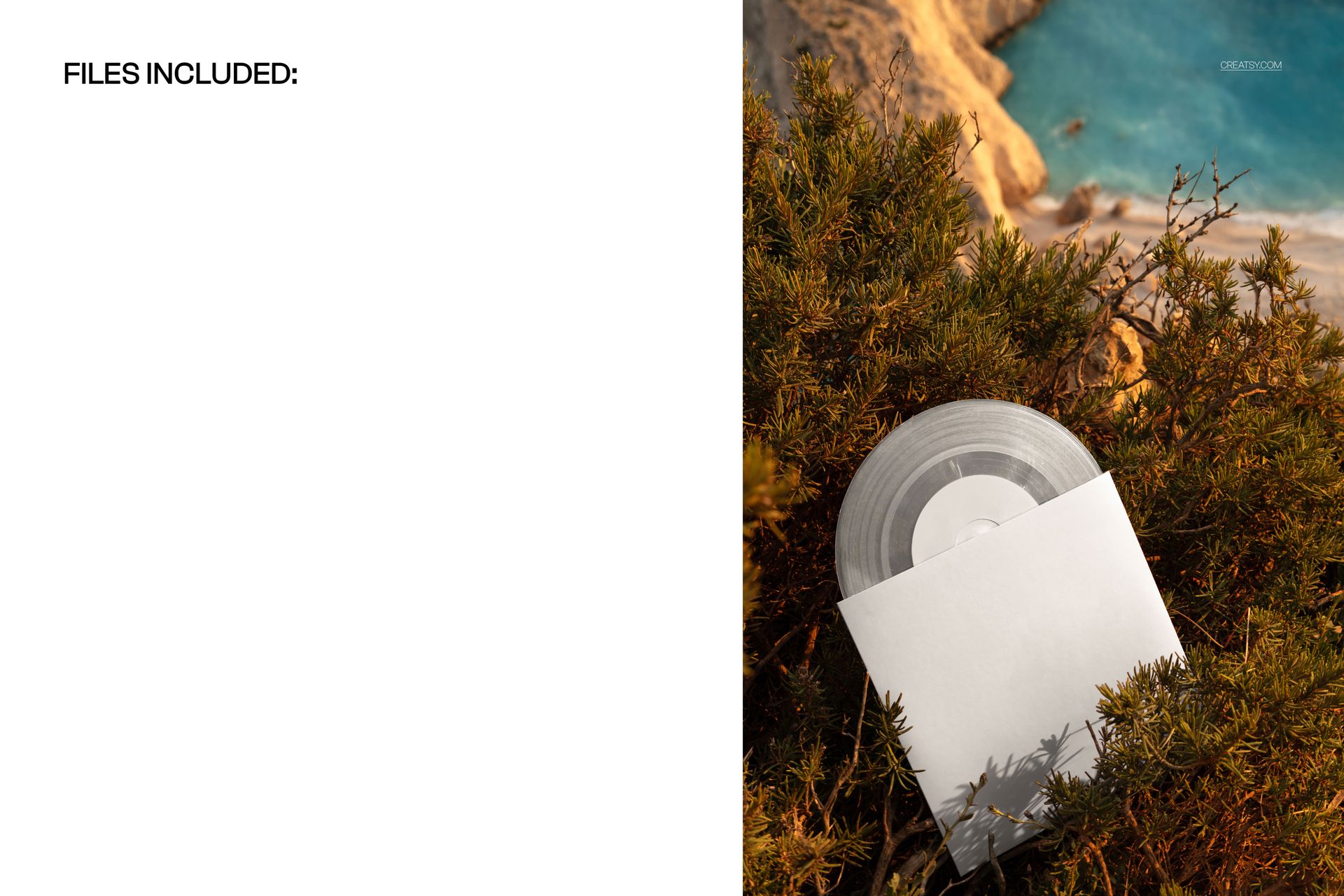 Top view of a translucent colored vinyl record mockup in greenery, with a white cover and coastal background.