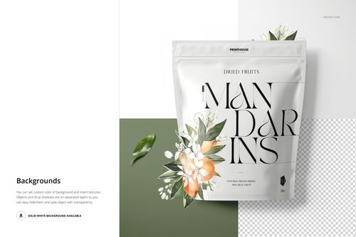 Front view of a stand up zip lock pouch mockup featuring floral graphics, placed on a minimalist background.