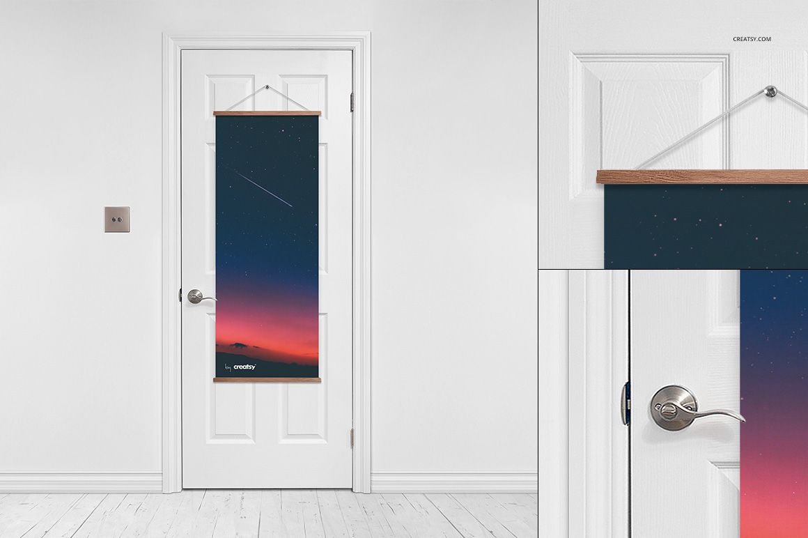 PSD mockup of a door banner featuring a starry sky pattern, displayed on a closed white door with wood flooring.