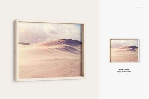 Rectangular deep wooden frame mockup with desert landscape artwork, shown from a front angle on a light background.