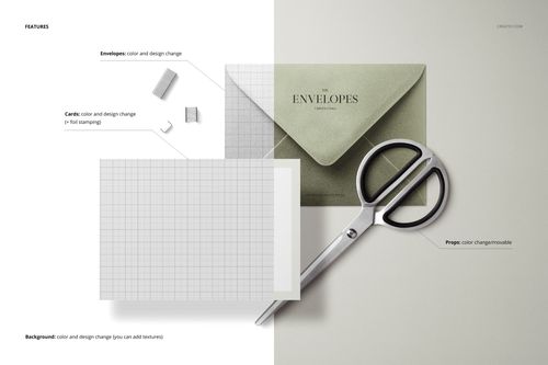 Metallic envelope and card mockup set displayed on a split white and gray background with scissors as a prop.