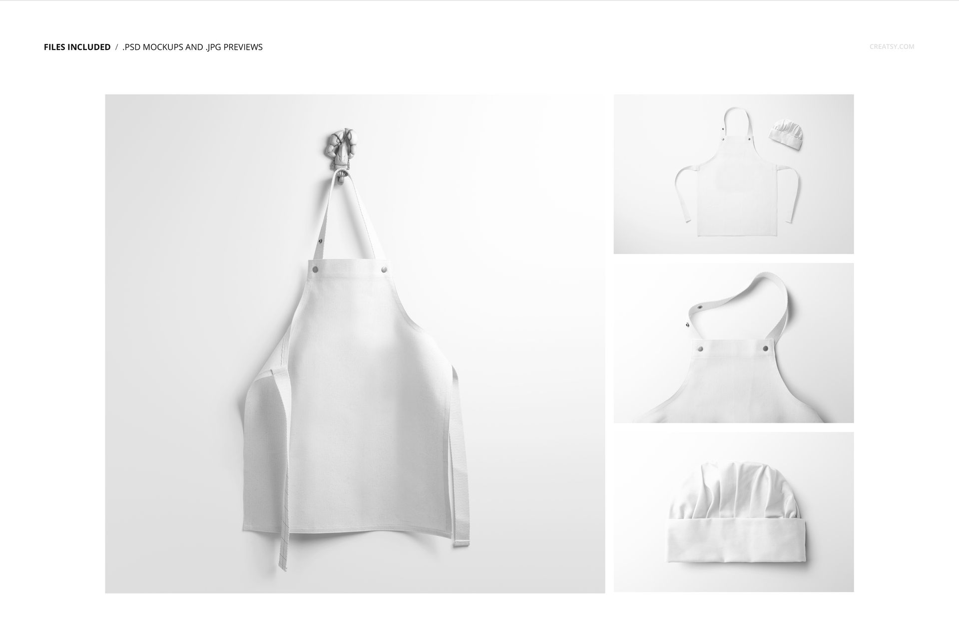 White kids apron and chef hat displayed on a clean background, shown from various angles in a mockup set.