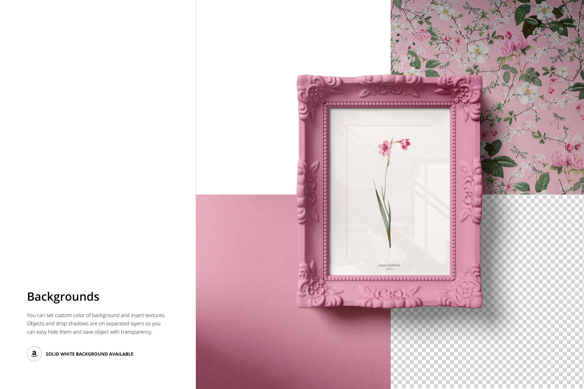 Classic painted picture frame mockup shown from above, featuring a pink frame and botanical print on various textured backgrounds.
