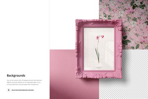 Classic painted picture frame mockup shown from above, featuring a pink frame and botanical print on various textured backgrounds.