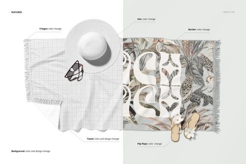 Top view of fringed beach towels on a light surface, one with a grid pattern and one with tropical leaves and text.