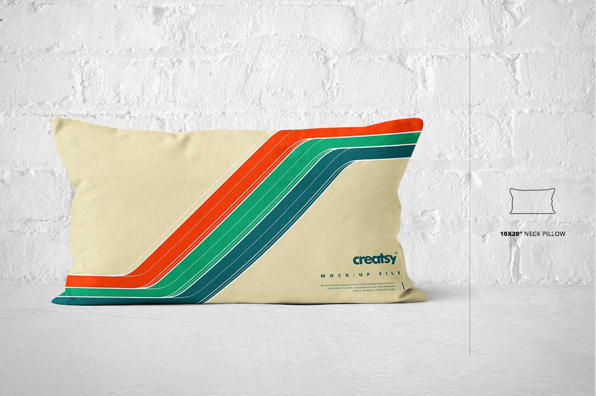 Mockup of a neck pillow featuring colorful diagonal stripes in orange, green, and blue, displayed on a bright wall.